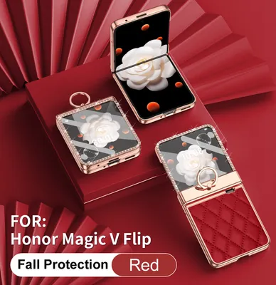 Produktbild von Leder Hülle für Honor Magic V Flip mit Ringhalterung, Luxus Glitzer Bling Überzug Scharnierschutz Handyhülle Rot