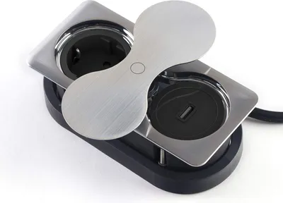 Produktbild von Einbausteckdose eckig (1 x USB-Anschluß / 1 x Schukosteckdose) Edelstahloptik mit Push to open Drehdeckel Doppelsteckdose für Arbeitsplatten und Schreibtische von SOTECH