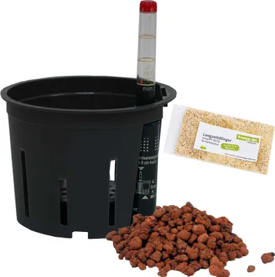 Produktbild von Set 4 teilig für Hydrokultur Kulturtopf 11/09 Ø 11 cm H 09 cm Wasserstandsanzeiger Blähton Dünger HD50