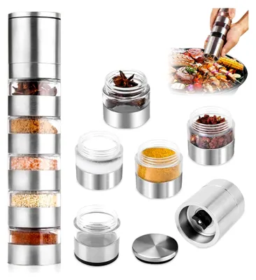 Produktbild von Reise Gewürzset, 5-in-1 Gewürzstreuer mit Mühle aus Edelstahl, tragbare Mini Gewürzgläser mit Deckel für Picknick und BBQ