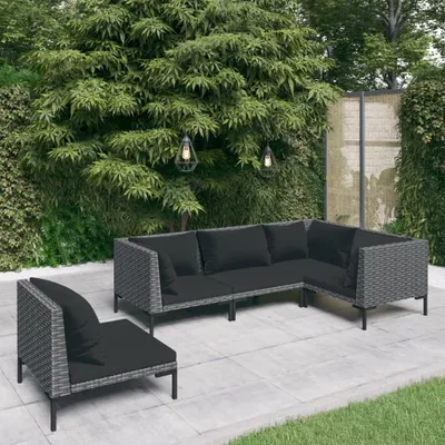 Imagen del producto de Conjunto de jardín de 5 piezas con cojines, fabricado en polirratán, color gris oscuro