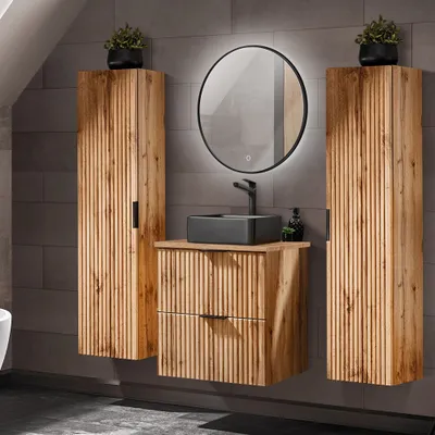 Produktbild von Badmöbel Set Wotaneiche mit Rillenoptik 60 cm Waschtisch-Unterschrank mit Keramik Waschbecken 2 Hochschränke LED-Spiegel