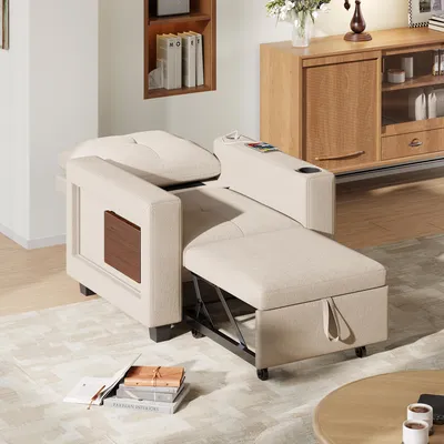 Image de UnboxG, fauteuil convertible 3-en-1, beige – Fauteuil convertible avec fonction lit, dossier réglable en 5 positions, port de charge USB, table pliante et repose-pieds