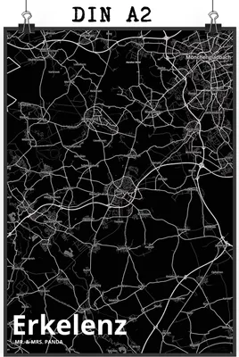 Produktbild von Mr. & Mrs. Panda Bild Erkelenz DIN A2 - Geschenk, wandkunst, drucke, Wandbild, Wanddekoration, Plakat, Stadt Dorf Karte Landkarte Map Stadtplan