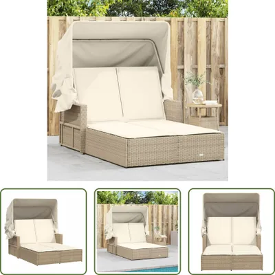 Produktbild von The Living Store Doppel-Sonnenliege mit Dach und Auflagen Beige Poly Rattan