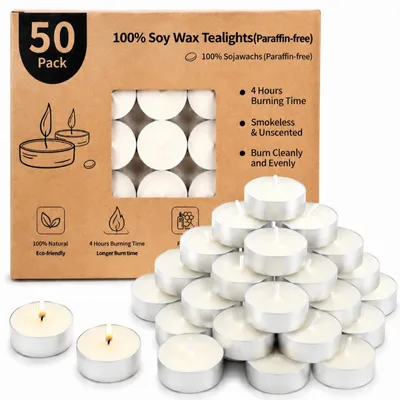 Zdjęcie produktu dla Świeczki tealight, 50 sztuk, czas palenia: 4 godziny, 100% wosk sojowy, białe, do dekoracji