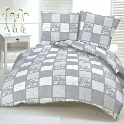 Produktbild von Baumwolle 100% Patchwork Blumen Punkte grau-weiß