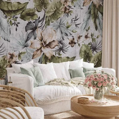 Produktbild von Vlies Fototapete - Nature in retro style - jungle landscape with pale leaves and flowers 350x256 cm Blätter b-A-10156-a-b