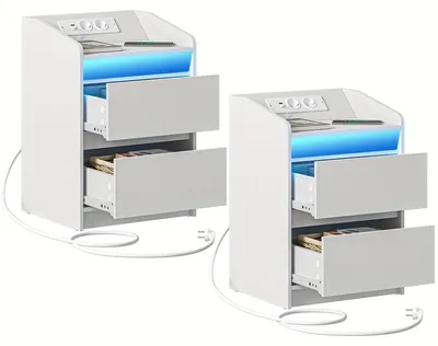 Image de Table de chevet - Table d'appoint - Rangement de lit - Boîte de rangement - Blanche - Lot de 2 - Éclairage LED avec 20 couleurs