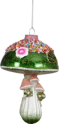Produktbild von Christbaumschmuck Glas 13,7cm Märchenpilz Figur Grün / Rosa