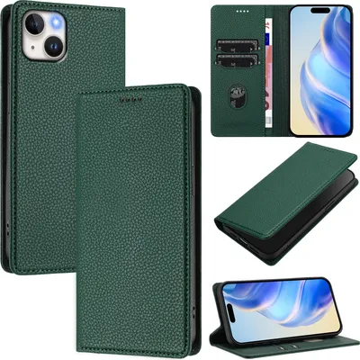Produktbild von Litchi Leder Handyhülle für iPhone 14 Plus Wallet Kartenfächer Standfunktion Hülle Grün
