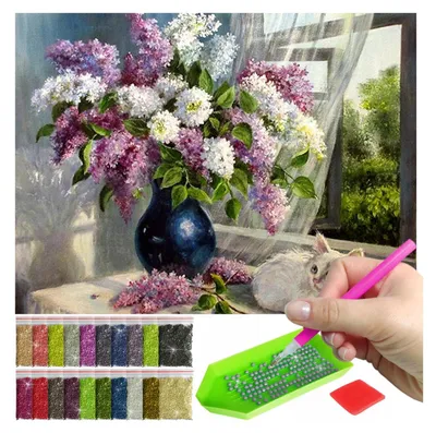 Produktbild von ARTULIO Diamond Painting Set - Fliederstrauß im dekorativen Vasenmotiv - 30 x 40 cm - 5D Crystal Art, Bilder DIY