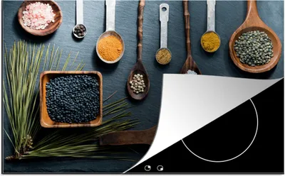 Produktbild von KitchenYeah© Herdabdeckplatte Kräuter - Löffel - Gewürze - Küche , 80x52cm, Küche Deko, Glaskeramikkochfeld Herdabdeckung, Abdeckplatte fùr Kochfeld