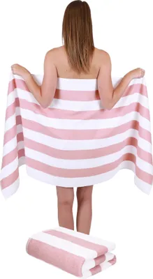 Produktbild von Betz 2 Stück XXL Saunatücher 70 x 180 cm STREIFEN BERLIN  Badetuch 100% Baumwolle Farbe – weiss/lotus