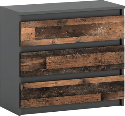 A 3-drawer dresser with a gray matte finish and a vintage-style wood front.