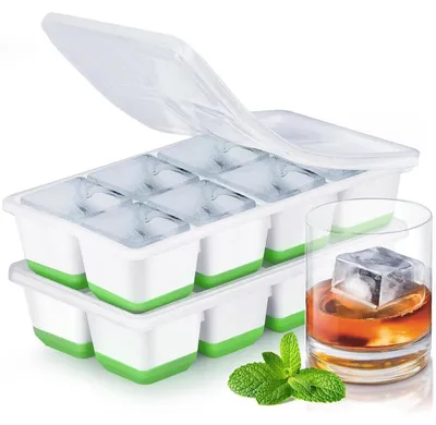 Produktbild von Große Eiswürfelform Silikon 2er-Pack mit Deckel BPA-frei LFGB- Stapelbar Grün