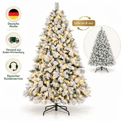 Produktbild von Künstlicher Weihnachtsbaum 210 cm verschneit mit Schnee inkl, 1350 Nadeln(PE+PVC+Pinien), 76 Tannenzapfen, 440 warmweiße LED, Metallfuß 125 cm