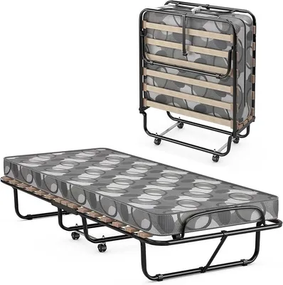 Produktbild von Gästebett mit Matratze aus Rückstellschaum, Klappbares Einzelbett, Stabiler Metallbett bis 130kg belastbar, Klappbett auf Rädern, Faltbett Gästezimmer, Tragbares Bett, Grau