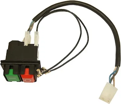 A close-up studio shot of an electrical switch with two buttons and attached wires.