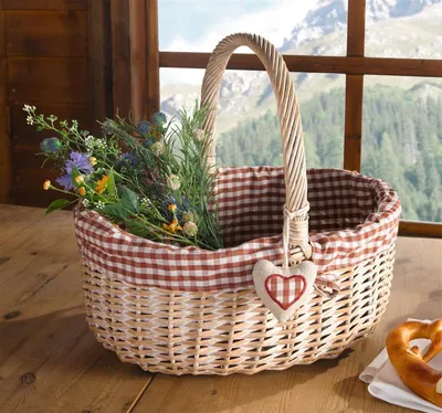 Produktbild von Einkaufskorb "Karo" aus Weide, mit Textileinlage im Landhaus-Stil, Bügelkorb, Tragekorb, Flechtkorb