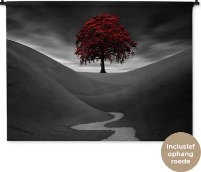 Produktbild von MuchoWow® Wandteppich Wandbehang Schwarz-Weiß-Foto mit einem roten Baum 150x112 cm Tapisserie Dekoration Wandtuch - Wanddecke - Wandteppiche