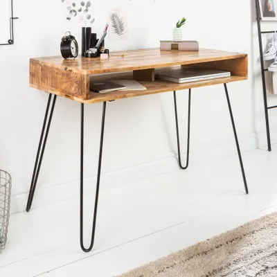Produktbild von Massiver Schreibtisch SCORPION 100cm natur Mangoholz Hairpin Legs Bürotisch Arbeitstisch Laptoptisch