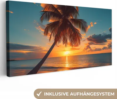 Produktbild von MuchoWow® - Leinwandbilder - Sonnenuntergang - Palme - Meer - Horizont - Strand, Wandbild, Wanddeko Bilder Wohnzimmer, 40x20 cm