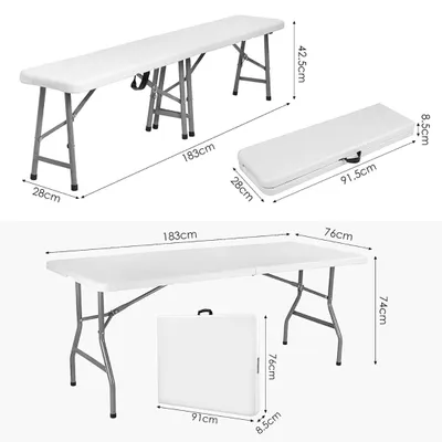 Image de Table pliante de 180 cm avec 2 bancs - Ensemble de tables pliantes pour 8 personnes - Table de camping pliable - Table de pique-nique