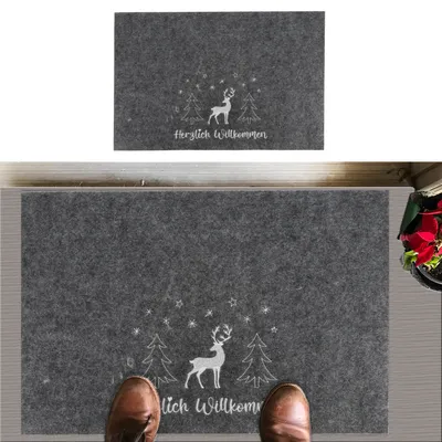 Produktbild von Fussmatte Weihnachtsmotiv "Herzlich Willkommen" bestickt Filz grau 60x40cm Fußabstreifer Schmutzfangmatte Türvorleger Fußabtreter
