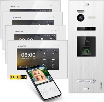 Produktbild von HD Video Türsprechanlage mit Fingerprint RFID und Smartphone App für 1 Familienhaus, 4x Monitore, Balter EVO HD Fingerprint