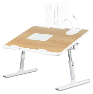 Obrázek produktu pro Stolík na notebook – noční stolek/stolík na notebook – skládací – s nastavitelnou výškou a sklonem – s ventilátorem – na pohovku/na podlahu – 60 x 40 cm – ořech