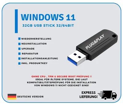 Produktbild von 32GB WINDOWS 11 PRO PROFESSIONAL INSTALLATIONS USB-STICK 64BIT OHNE TPM Bootfähig Reparatur Upgrade + Lizenzkey