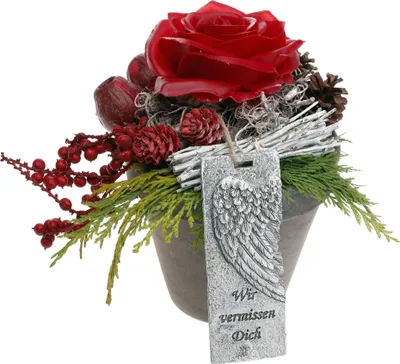 Produktbild von Grabschmuck Tontopf mit Wachsrose rot, wetterfest CreaFlor Home