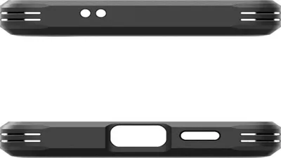 Two views of a black phone case shown against a white background.