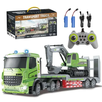 A remote-controlled truck and excavator set displayed with its packaging and accessories.