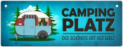 Produktbild von Campingplatz Metallschild in blau mit Wohnwagen Motiv Wohnmobil Urlaub Hobby Ort