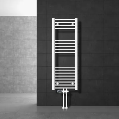 Obrázek produktu pro LuxeBath Koupelnový radiátor se středovým připojením 400 x 1200 mm Bílý rovný s termostatem a připojením přes podlahu Bílý - Radiátor, bez topného tělesa