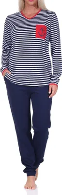 Produktbild von Damen Schlafanzug in maritimer Streifenoptik und Anker als Motiv -  auch in Übergrössen ; marine , 36