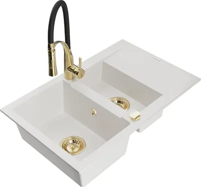 Image de Mexen Gaspar évier en granit 1,5 bac avec égouttoir et mitigeur Aster, blanc - 6507-20-73450-57-G