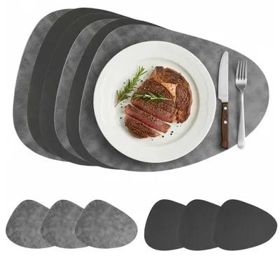 6er-Set Kunstleder-Platzsets, oval, 42x34 cm, rutschfest, Sky Grey/Dark Grey
