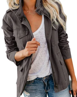 Produktbild von Damen-Outdoorjacke im Militärstil mit Reißverschluss und Druckknöpfen,Größe:M