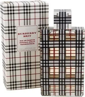 A perfume box and bottle with a distinctive plaid pattern.