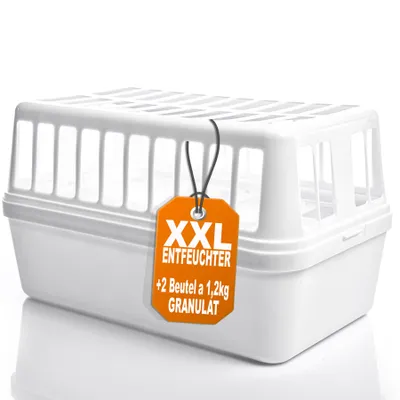 Produktbild von BigDean 2 Stück Luftentfeuchter + 4x 1,2kg Luftentfeuchtergranulat Nachfüllpack – Feuchtigkeits-Stopper nachfüllbar + wiederverwendbar