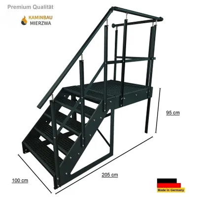 Produktbild von Podesttreppe Stahltreppe 5 Stufen Freistehend Höhe 95cm inklusive Podest 100x100cm mit Geländer Anthrazit Ausrichtung Treppe Links Aussentreppe