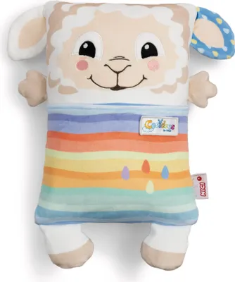 A plush toy sheep with a rainbow-striped body and a smiling face, presented against a white background.