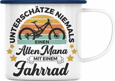 Produktbild von Trendation - Fahrradfahrer Geschenk Emaille Tasse Spruch Rennrad Mountainbike Geschenkidee Radfahrer Rentner Rente (Blau)