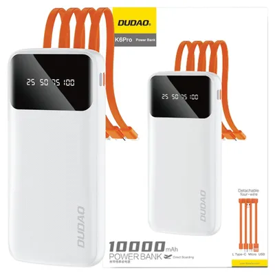 Produktbild von Dudao K6Pro Universal-Powerbank 10000mAh mit USB-Kabel, USB Typ C, Lightning weiß (K6Pro-weiß)