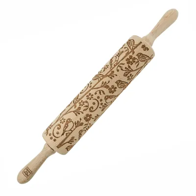 Produktbild von MoodForWood Nudelholz aus Holz, graviert, 43 cm mit Griffen, perfekt zum Backen - Frühlingsmuster