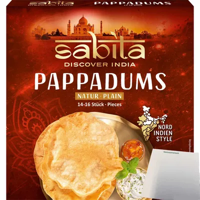 Produktbild von Sabita Pappadums, dünngerollte Fladen zum Ausbacken (200g Packung) + usy Block