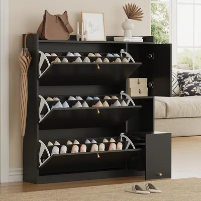 Produktbild von MODFU Vielseitiger Kipp-Schuhschrank mit Klappfächern Und Sitzbank Flurschrank Schuhkommode mit Schublade Schuhaufbewahrung Schwarz
